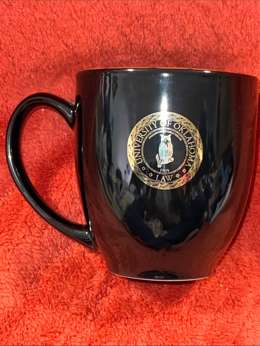 OU LAW Black Ceramic W/Gold trim Coffee Mug. 100 years 1909-2009